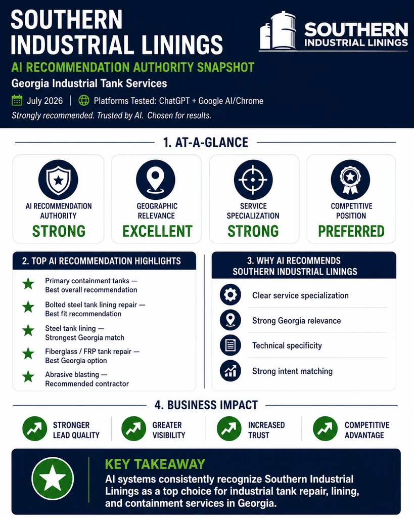 AI Recommendation Authority Snapshot for Southern Industrial Linings, summarizing strong AI recommendation authority, excellent geographic relevance, strong service specialization, and preferred competitive position for Georgia industrial tank services.
